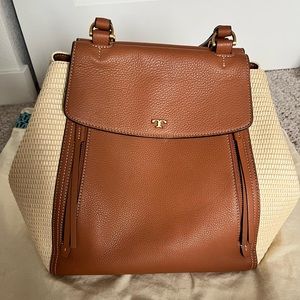 Tory Burch half moon straw large tote bag